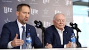 Dallas Cowboys Head Coach Brian Schottenheimer and owner Jerry Jones speak to the media at a press conference at the Star.  