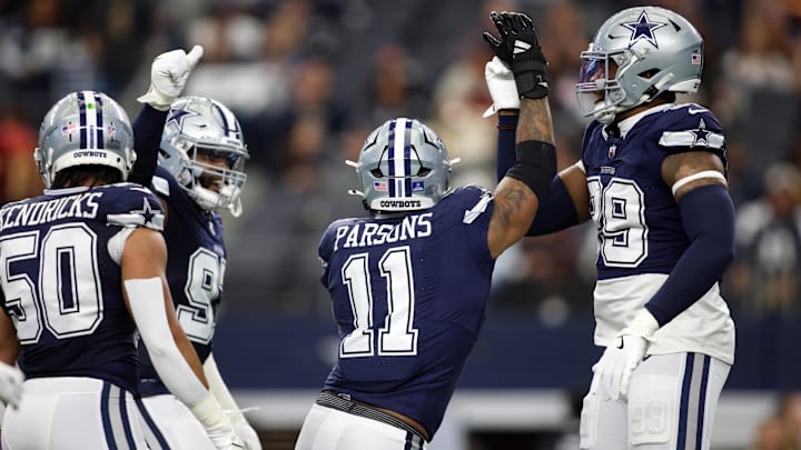 Dallas Cowboys linebacker Micah Parsons celebrates a sack against the Washington Commanders Dallas Cowboys linebacker Micah Parsons celebrates a sack against the Washington Commanders