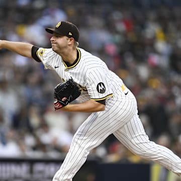 May 12, 2025; San Diego, California, USA; San Diego Padres starting pitcher Michael King (34) delivers during the second inning against the Los Angeles Angels at Petco Park. Mandatory Credit: Denis Poroy-Imagn Images