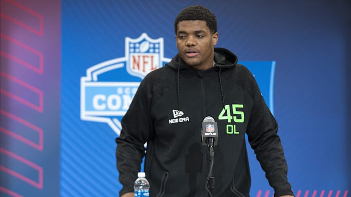 Alabama A&M offensive lineman Carson Vinson answers questions at a press conference during the 2025 NFL Combine. Alabama A&M offensive lineman Carson Vinson answers questions at a press conference during the 2025 NFL Combine.