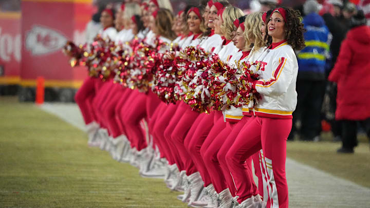 The Kansas City Chiefs cheerleaders perform during the first half in the AFC Championship game at GEHA Field at Arrowhead Stadium. The Kansas City Chiefs cheerleaders perform during the first half in the AFC Championship game at GEHA Field at Arrowhead Stadium.