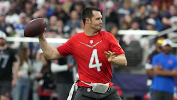 Feb 5, 2023; Paradise, Nevada, USA; AFC quarterback Derek Carr of the Las Vegas Raiders (4) throws the ball against the NFC during the Pro Bowl Games at Allegiant Stadium. Mandatory Credit: Kirby Lee-Imagn Images