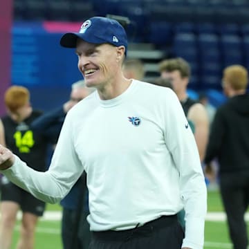 Feb 26, 2025; Indianapolis, IN, USA; Tennessee Titans special teams coordinator John Fassel during workouts at the NFL Scouting Combine at Lucas Oil Stadium. Mandatory Credit: Kirby Lee-Imagn Images