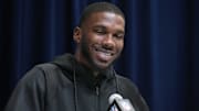Florida linebacker Shemar James during the 2025 NFL Scouting Combine at the Indiana Convention Center.