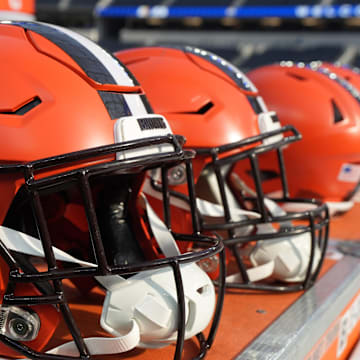 Dec 3, 2023; Inglewood, California, USA; Riddell speedflex Cleveland Browns helmets on the sidelines at SoFi Stadium. Mandatory Credit: Kirby Lee-Imagn Images
