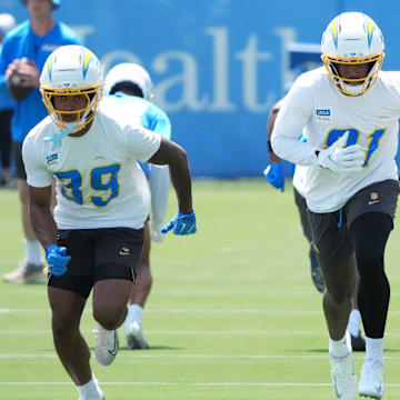 Los Angeles Chargers receivers Jaylen Johnson, Mike Williams, and Tre Harris during organized team activities at The Bolt.