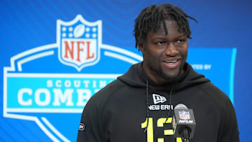 Feb 26, 2025; Indianapolis, IN, USA; South Carolina linebacker Demetrius Knight (LB13) during the 2025 NFL Scouting Combine at the Indiana Convention Center. Mandatory Credit: Kirby Lee-Imagn Images