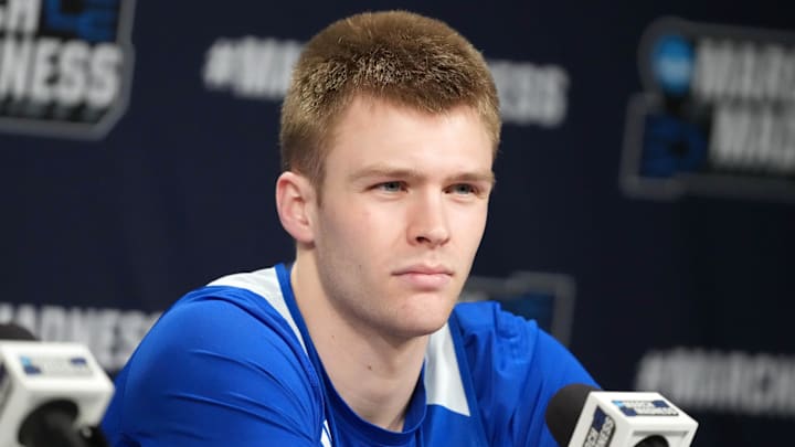 Mar 22, 2025; Wichita, KS, USA; Drake Bulldogs guard Bennett Stirtz during press conference at Intrust Bank Arena. Mandatory Credit: Kirby Lee-Imagn Images Mar 22, 2025; Wichita, KS, USA; Drake Bulldogs guard Bennett Stirtz during press conference at Intrust Bank Arena. Mandatory Credit: Kirby Lee-Imagn Images
