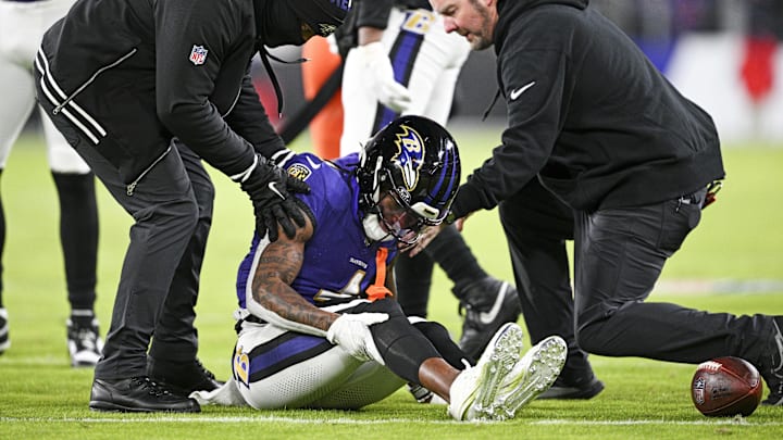 Jan 4, 2025; Baltimore, Maryland, USA; Baltimore Ravens wide receiver Zay Flowers (4) reacts after a tackle during the first quarter against the Cleveland Browns at M&T Bank Stadium. Mandatory Credit: Tommy Gilligan-Imagn Images Jan 4, 2025; Baltimore, Maryland, USA; Baltimore Ravens wide receiver Zay Flowers (4) reacts after a tackle during the first quarter against the Cleveland Browns at M&T Bank Stadium. Mandatory Credit: Tommy Gilligan-Imagn Images