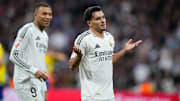 Brahim Diaz and Kylian Mbappe of Real Madrid celebrate a goal during the Spanish League