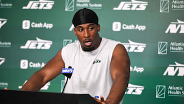 Jun 11, 2025; Florham Park, NY, USA; New York Jets running back Breece Hall (20) speaks at a press conference during minicamp at Atlantic Health Jets Training Center. Mandatory Credit: John Jones-Imagn Images
