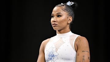 Apr 19, 2025; Fort Worth, TX, USA; UCLA Bruins gymnast Jordan Chiles looks on before the 2025 Women's National Gymnastics Championship at Dickies Arena.