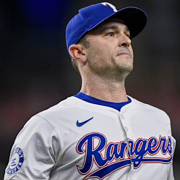 Sep 5, 2024; Arlington, Texas, USA; Texas Rangers relief pitcher David Robertson (37) comes off the field after he pitches against the Los Angeles Angels during the game at Globe Life Field