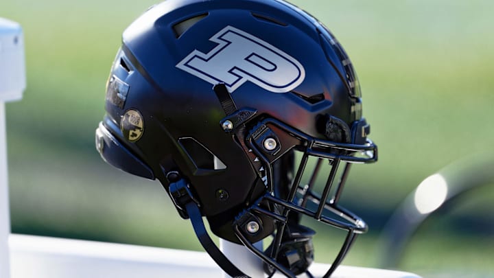 A detail view of a Purdue Boilermakers helmet on the sideline A detail view of a Purdue Boilermakers helmet on the sideline