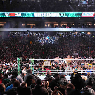WWE Universal Championship match between Roman Reigns and Cody Rhodes during Wrestlemania XL.