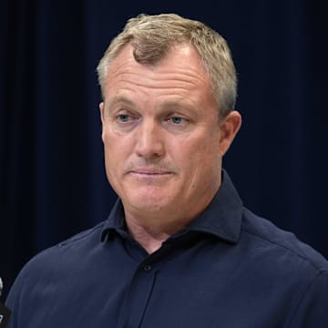 Feb 27, 2025; Indianapolis, IN, USA; San Francisco 49ers general manager John Lynch speaks during the 2025 NFL Scouting Combine at the Indiana Convention Center. Mandatory Credit: Kirby Lee-Imagn Images