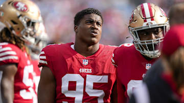 Oct 9, 2022; Charlotte, North Carolina, USA; San Francisco 49ers defensive end Drake Jackson (95) during the first quarter against the Carolina Panthers at Bank of America Stadium. Mandatory Credit: Jim Dedmon-Imagn Images