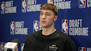 May 14, 2025; Chicago, Il, USA; Cooper Flagg talks to the media during the 2025 NBA Draft Combine at Marriott Marquis Chicago.