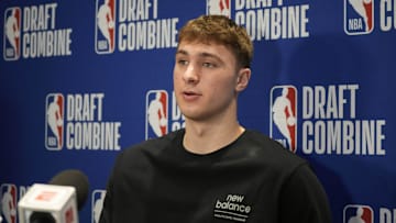May 14, 2025; Chicago, Il, USA; Cooper Flagg talks to the media during the 2025 NBA Draft Combine at Marriott Marquis Chicago.