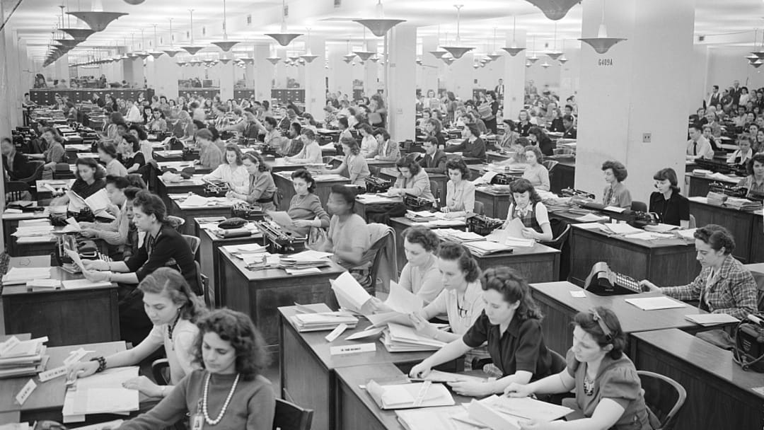 Clerical workers processing forms for production requirement plan, Priorities Division, War Production Board. Clerical workers processing forms for production requirement plan, Priorities Division, War Production Board.