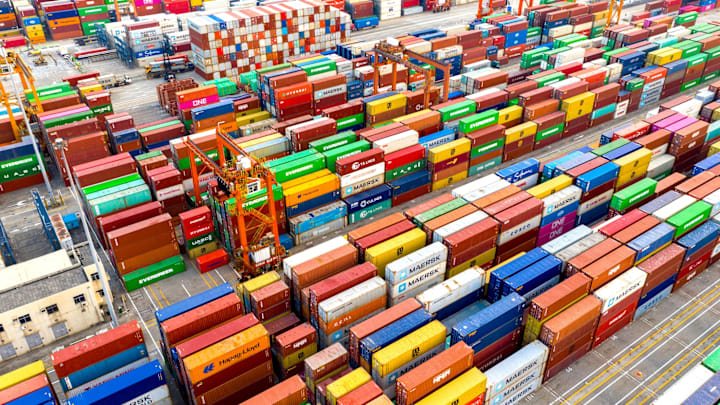 A mass of shipping containers at the port of Shenzen, China.