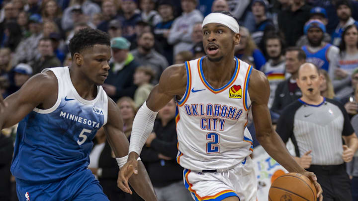 Jan 20, 2024; Minneapolis, Minnesota, USA; Oklahoma City Thunder guard Shai Gilgeous-Alexander (2)