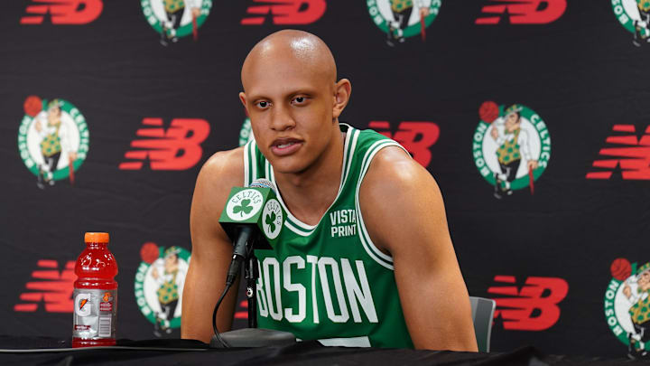 Oct 2, 2023; Boston, Celtics, USA; Boston Celtics Boston Celtics guard Jordan Walsh (27) talks with
