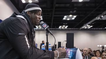 INDIANAPOLIS, IN - FEBRUARY 27: Javon Kinlaw #DL14 of the South Carolina Gamecocks speaks to the media at the Indiana Convention Center on February 27, 2020 in Indianapolis, Indiana. (Photo by Michael Hickey/Getty Images)